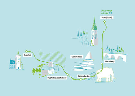 Kartendarstellung der S11 Bahnstrecke zwischen Halle und Querfurt