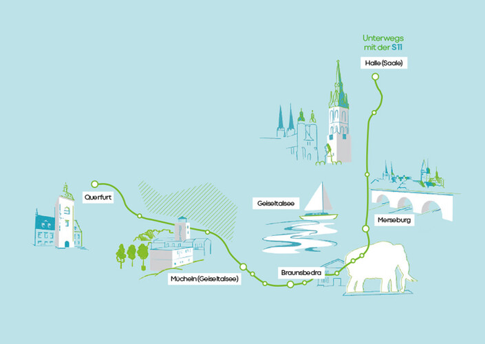 Kartendarstellung der S11 Bahnstrecke zwischen Halle und Querfurt