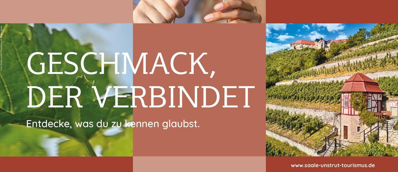 Fotocollage mit Schriftzug "Geschmack, der verbindet". Bild 1 zeigt Weinreben in Nahaufnahme. Bild 2 zeigt ein Pärchen, das mit 2 Weingläsern anstößt. Bild 3 zeigt einen terrassenförmig angelegten Weinberg mit Fachwerkhäuschen und mittelalterlicher Burg im Hintergrund.