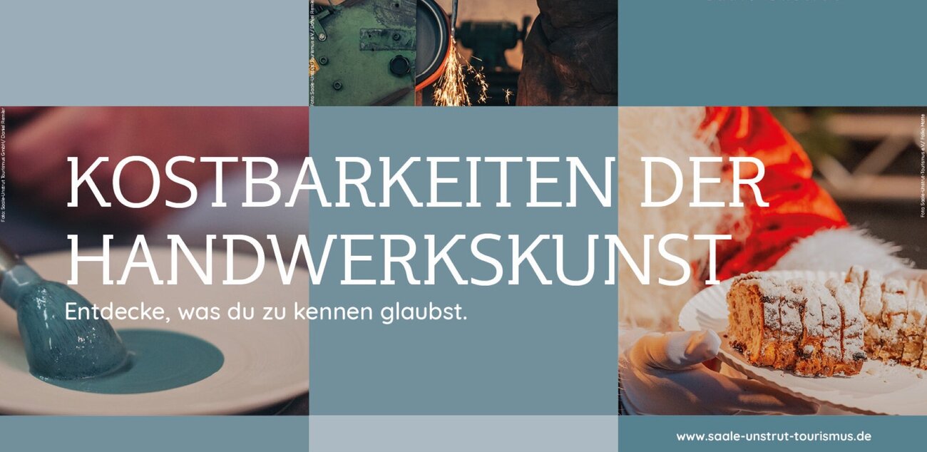 Bildercollage: Bild 1 zeigt einen weißen keramikteller, der gerade bemalt wird, Bild 2 zeigt einen Schmid beim Messerschleifen, Bild 3 zeigt einen aufgeschnittenen Stollen