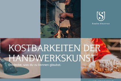 Bildercollage: Bild 1 zeigt einen weißen keramikteller, der gerade bemalt wird, Bild 2 zeigt einen Schmid beim Messerschleifen, Bild 3 zeigt einen aufgeschnittenen Stollen