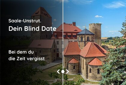 Burg Querfurt bei Sonnenschein, im Vordergrund Nadelbäume. Die linke Seite des Bildes ist stark verdunkelt und mit dem Schriftzug "Saale-Unstrut. Dein blind Date versehen
