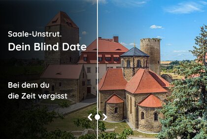 Burg Querfurt bei Sonnenschein, im Vordergrund Nadelbäume. Die linke Seite des Bildes ist stark verdunkelt und mit dem Schriftzug "Saale-Unstrut. Dein blind Date versehen