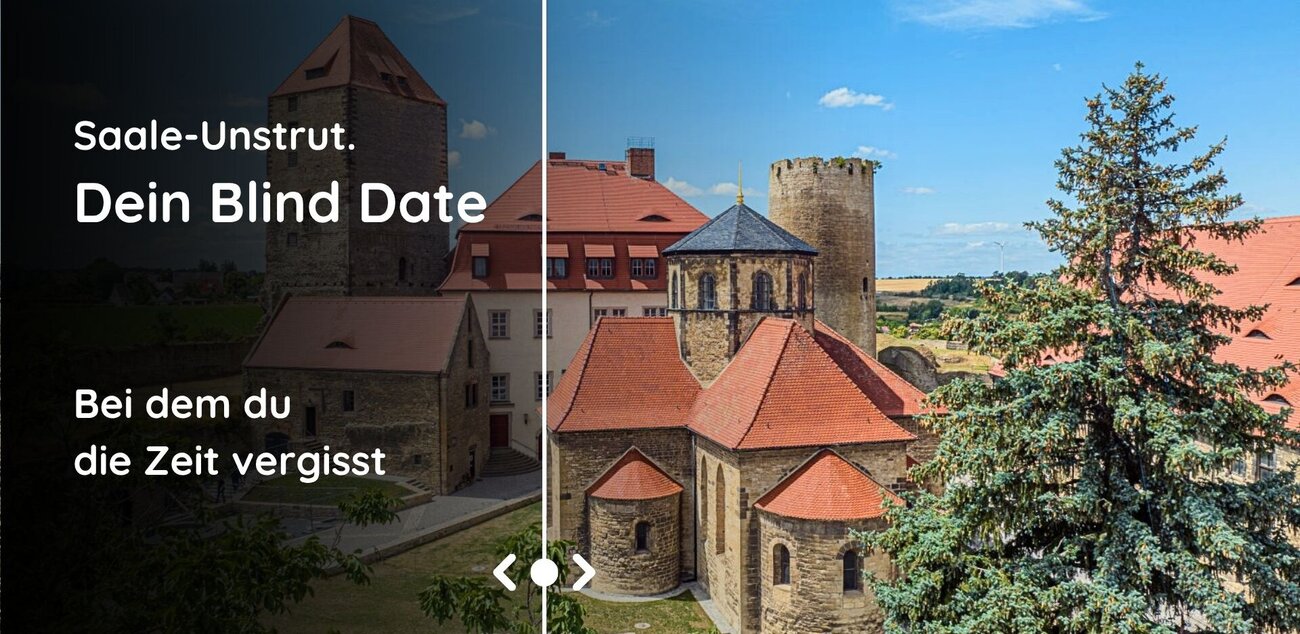 Burg Querfurt bei Sonnenschein, im Vordergrund Nadelbäume. Die linke Seite des Bildes ist stark verdunkelt und mit dem Schriftzug "Saale-Unstrut. Dein blind Date versehen