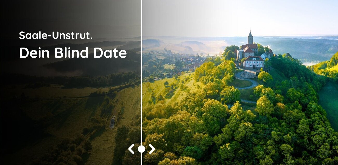 Leuchtenburg auf einen Hügel, es scheint die Sonne. Die linke Seite des Bildes ist stark verdunkelt und mit dem Schriftzug "Saale-Unstrut. Dein blind Date versehen