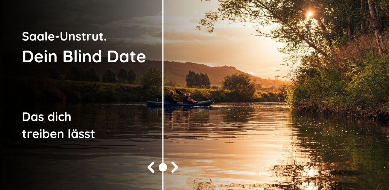 Zwei Kanufahrer auf einem Fluss bei Sonnenaufgang und diffusem Licht. Die linke Seite des Bildes ist stark verdunkelt und mit dem Schriftzug "Saale-Unstrut. Dein blind Date versehen