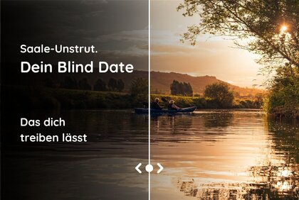 Zwei Kanufahrer auf einem Fluss bei Sonnenaufgang und diffusem Licht. Die linke Seite des Bildes ist stark verdunkelt und mit dem Schriftzug "Saale-Unstrut. Dein blind Date versehen