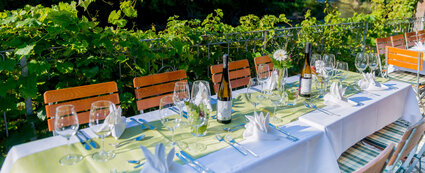Schön gedeckter Tisch mit Weingläsern und Gedeck im Garten der Thüringer Weinstube.