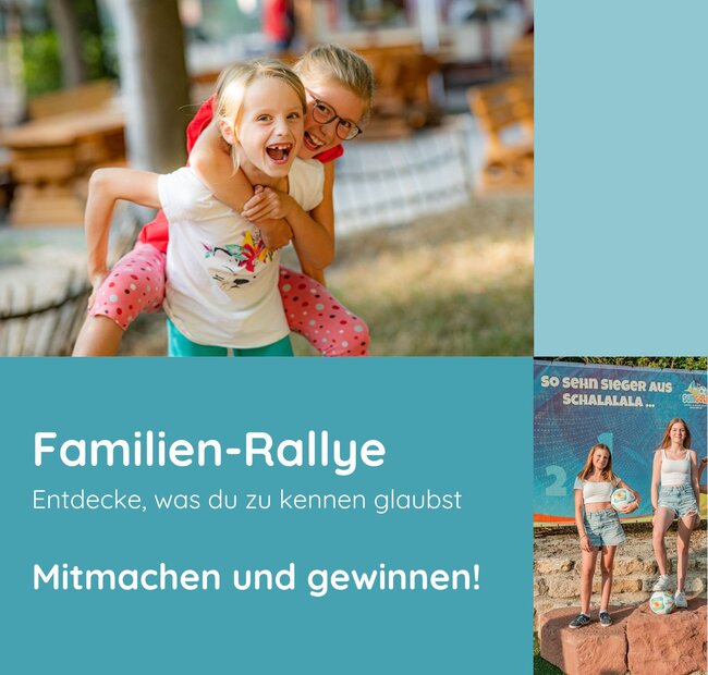 Symbolbild Familien-Rallye 2025 mit zwei lachenden Mädchen und dem Schriftzug Familien-Rallye - mitmachen und gewinnen