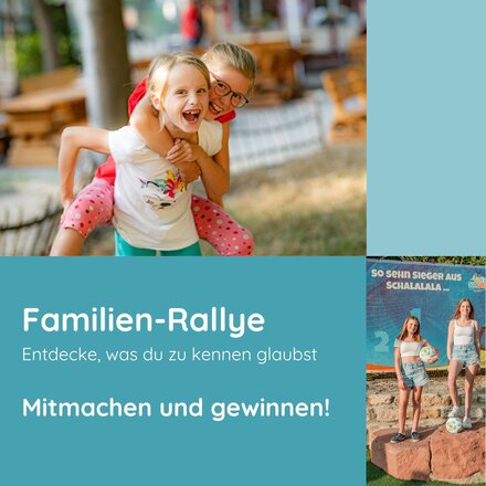 Symbolbild Familien-Rallye 2025 mit zwei lachenden Mädchen und dem Schriftzug Familien-Rallye - mitmachen und gewinnen