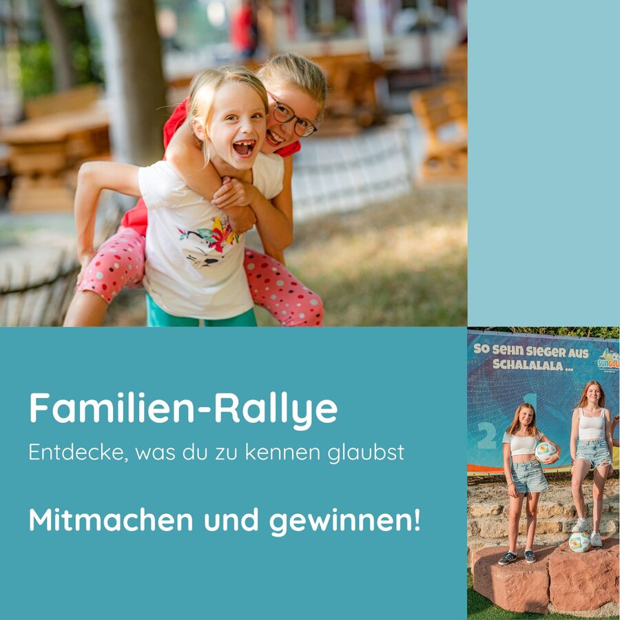 Symbolbild Familien-Rallye 2025 mit zwei lachenden Mädchen und dem Schriftzug Familien-Rallye - mitmachen und gewinnen