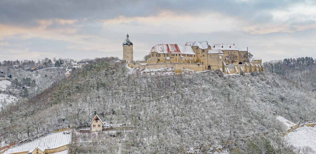 Schneebedeckte Weinberge bei Freyburg mit Blick auf Schloss Neuenburg und den Dicken Wilhelm