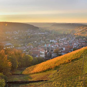 Herbstliche Weinberge im Sonnenuntergang mit Blick auf das Unstruttal und Freyburg