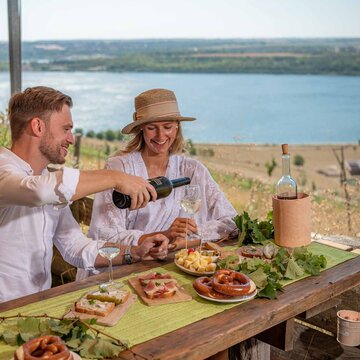 Einkehr in der Straußwirtschaft Goldener Steiger mit Blick auf den sonnengefluteten Geiseltalsee