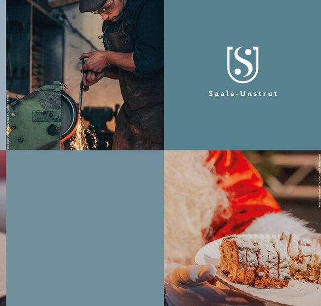 Bildercollage: Bild 1 zeigt einen weißen Keramikteller, der bemalt wird, Bild 2 zeigt einen Schmied beim Messerschleifen, Bild 3 zeigt einen aufgeschnittenen Stollen