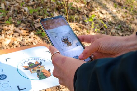 Es sid zwei Hände zu sehen, die ein Handy halten. Darauf ist eine gezeichnete Figur eines Fuchses zu sehen.