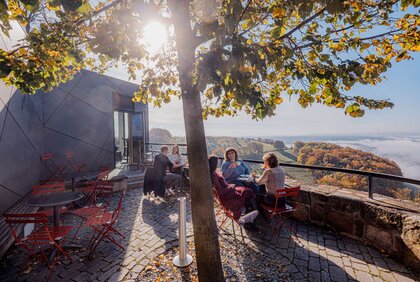 Personen sitzen an verschiedenen Tischen und trinken und essen dabei etwas. Im Hintergrund ist der Blick von der Leuchtenburg zu sehen.