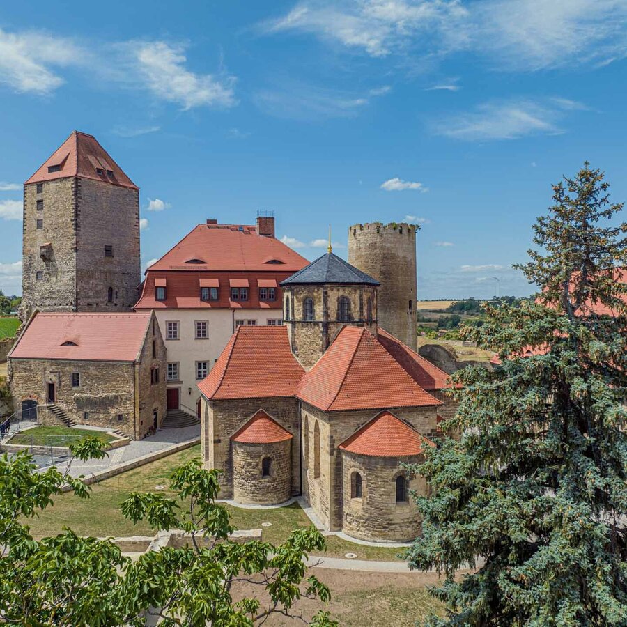 Burg Querfurt im Sonnenlicht und mit Bäumen