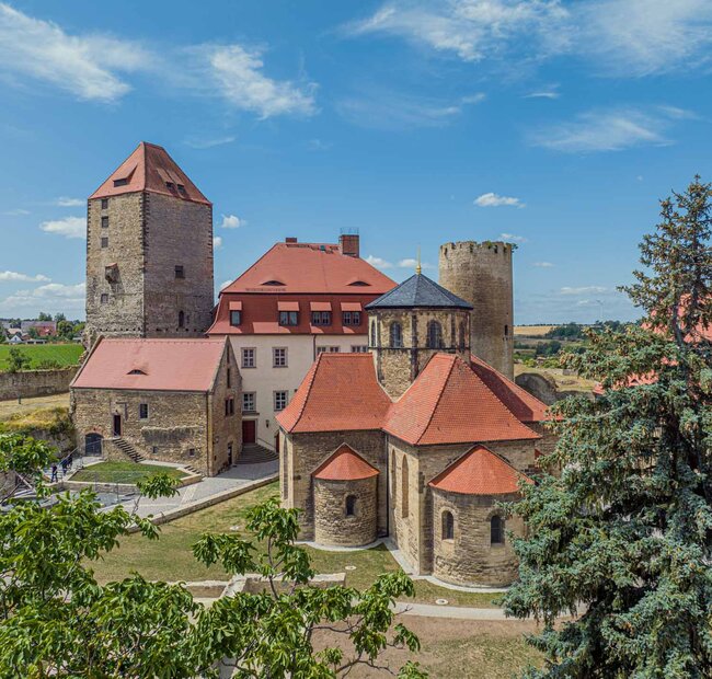 Burg Querfurt im Sonnenlicht und mit Bäumen