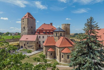 Burg Querfurt im Sonnenlicht und mit Bäumen