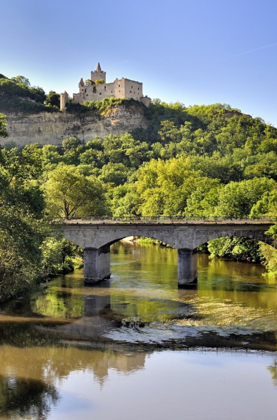 Rudelsburg bei Bad Kösen mit Saale und Saalebrücke