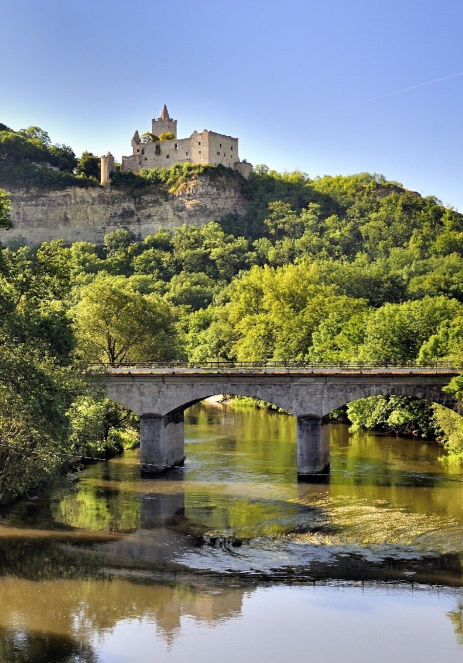 Rudelsburg bei Bad Kösen mit Saale und Saalebrücke