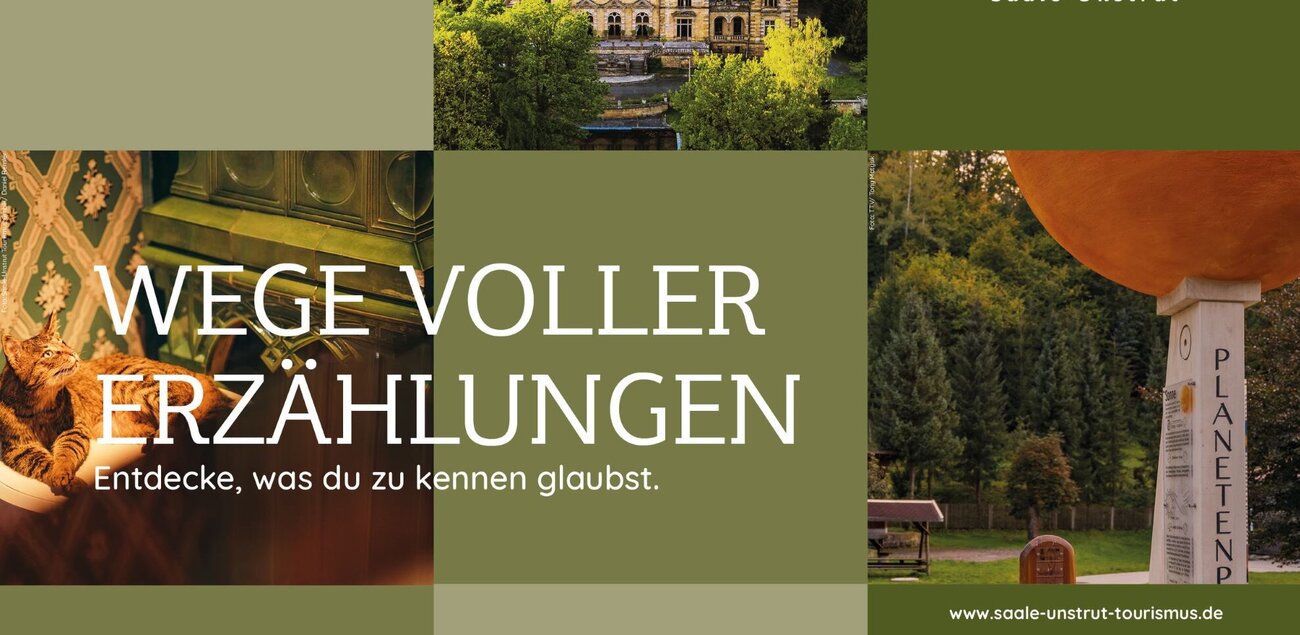 Bildcollage mit dem Schriftzug "Wege voller Erzählungen". Bild 1 zeigt eine orange gestreifte Katze vor einer grün gemusterten Tapete. Bild 2 zeigt ein schlossartiges Bauwerk mit einem märchengleichen Turm  in einem Wald. Bild 3 zeigt eine rote Kugel auf einem schmalen Pfeiler mit der Inschrift Planetenpfad. 