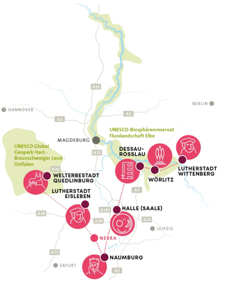 Welterbestätten in Sachsen-Anhalt, eingezeichnet auf einer Karte von Sachsen-Anhalt 