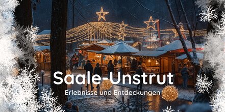 Weihnachtstal im Eisenberger Mühltal mit weihnachtlich geschmückten Verkausfsständen und Sternbeleuchtung