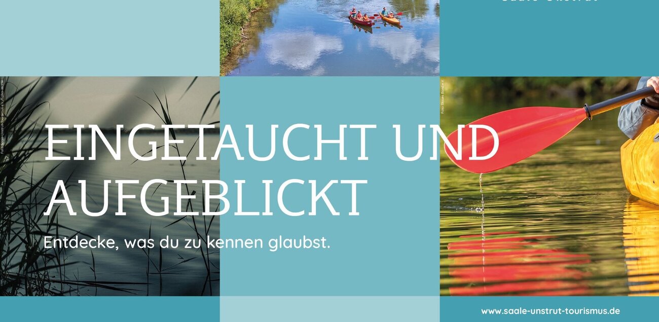 Symbolbild "eingetaucht und aufgeblickt" mit verschieden blauen kacheln. Dazu eine Fotocollage: Bild 1 zeigt einen  Fluss mit Kanufahrern, dahinter WEinberge und einen blauben Himmel mit Wolken, die sich im Wasser spiegel. Bild 2 zeigt eine Nahaufnahme eines gelben Kanus, dessen Paddel ins Wasser eintauchen. Bild 3 zeigt Schilf am Wasserufer.