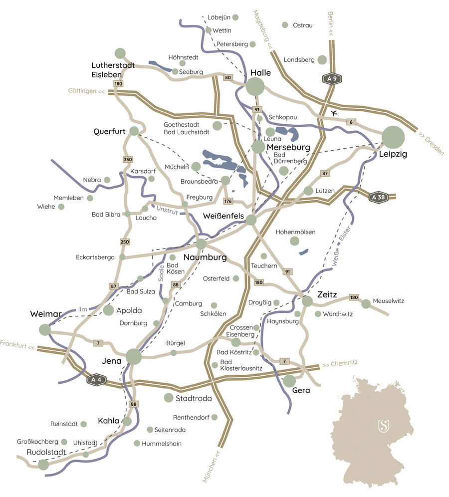 Anfahrtskarte und Überblick über Saale-Unstrut