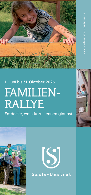 Faltblatt Familien-Rallye 2026 mit verschiedenen Bildern: 1. ein Kind sitzt auf einer Wiese und schaut unter etwas durch, 2. ein Junge steht an einem Brunnen in einem Museum und hält ein Seil, 3. eine Familie steht an einer Mauer und schaut in Richtung einer Burg - die Kinder stehen dabei auf der Mauer und werden von den Eltern festgehalten, welche vor der Mauer stehen