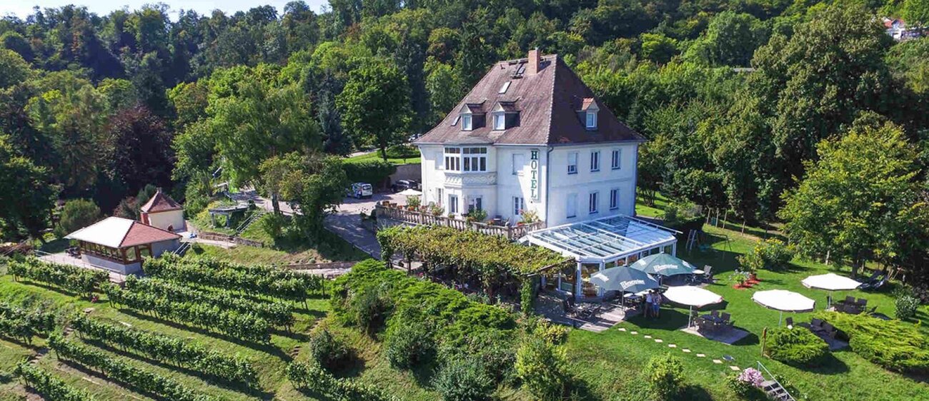 Außenansicht mit Weinberg und Villa Ilske