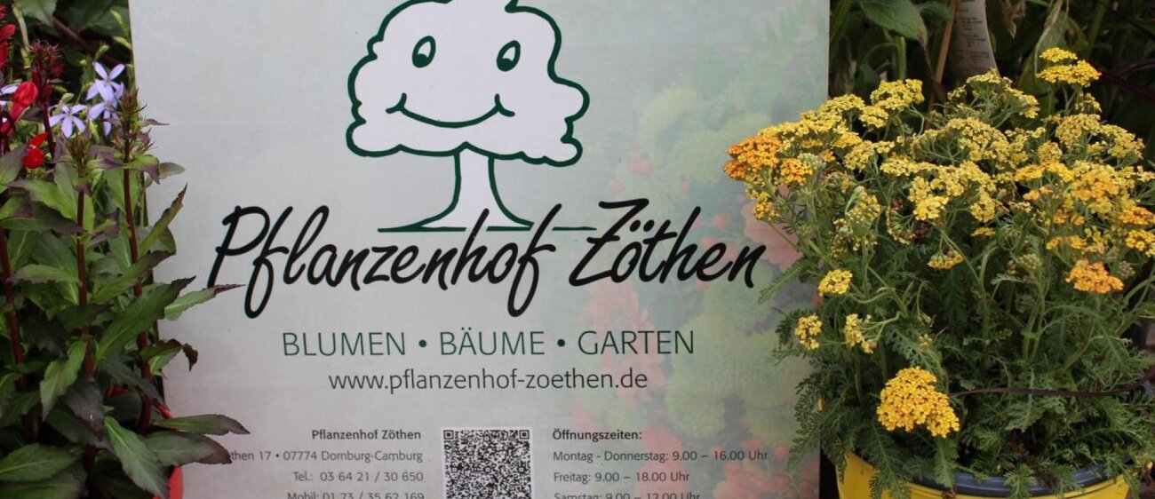 Ein Werbeschild von Pflanzenhof Zöthen mit Kontaktdaten