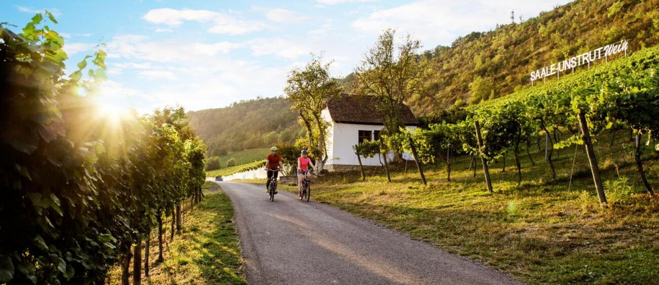 Paar fährt entlang der Saalhäuser Weinberge des Landesweingutes Kloster Pforta bei Bad Kösen