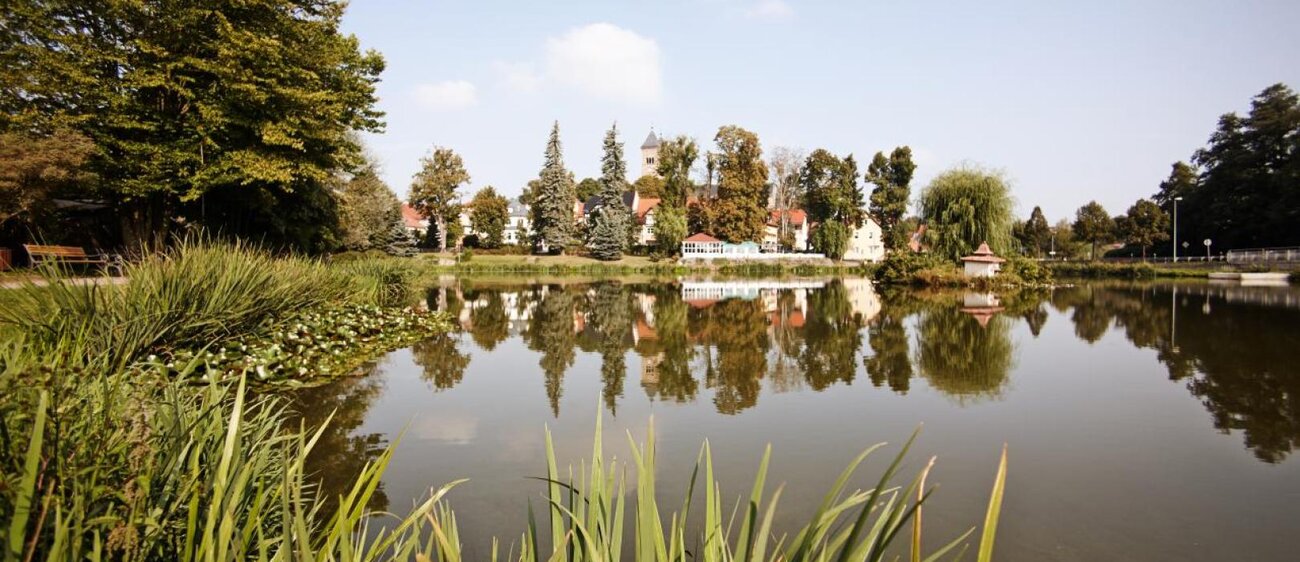 Gondelteich in Bad Klosterlausnitz mit der Klosterkirche im Hintergrund