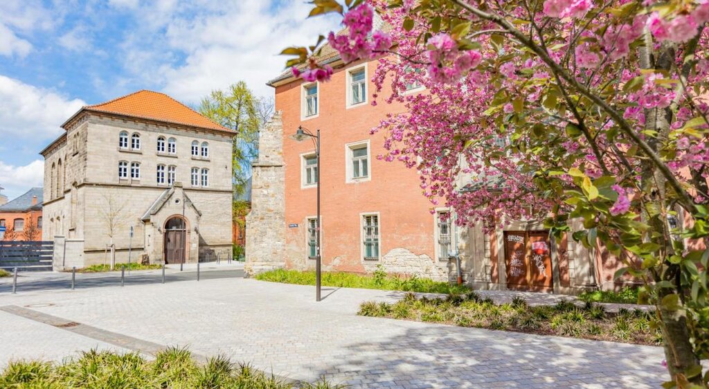 Kloster St. Claren in Weißenfels mit rosa blühenden Bäumen