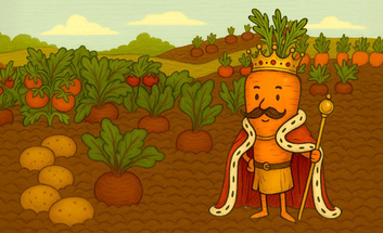 Stilisiertes Bild von König Karotte, der auf einem Feld steht
