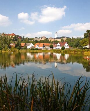 Blick auf Schloss Crossen und die Stadt