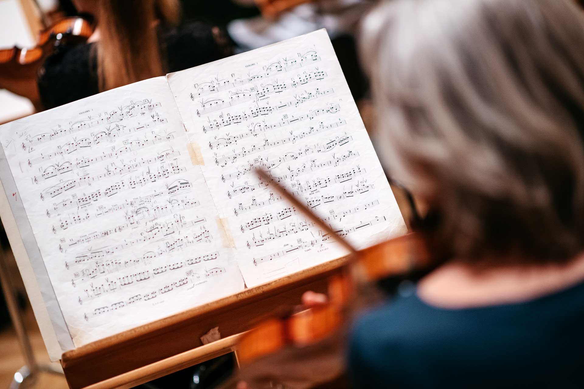 Zo kijken de musici van het filharmonisch orkest van Jena naar hun bladmuziek (c) JenaKultur, C. Worsch